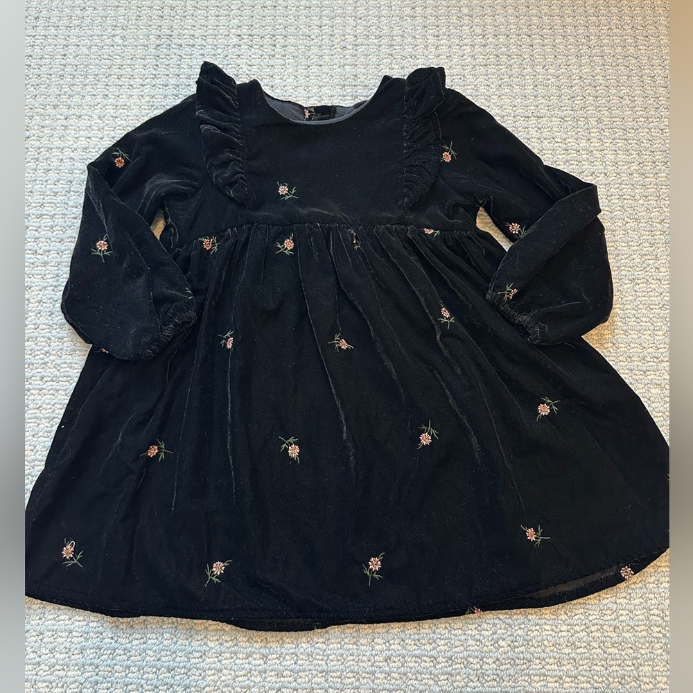 Zara Black Velvet Kids Dress with Floral Embroidery (size 2-3T)